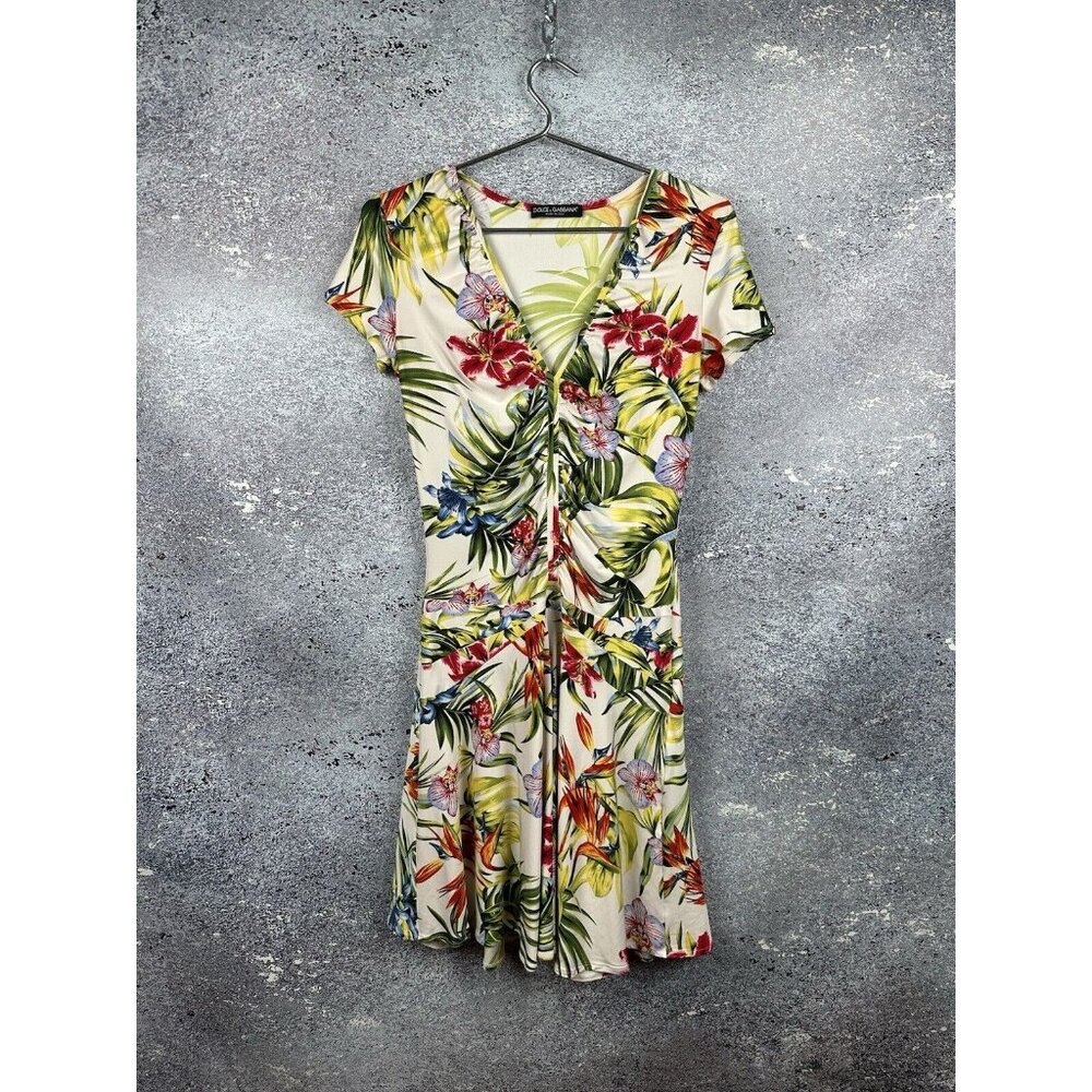 DOLCE GABBANA WOMEN’S SHORT SLEEVE V NECK TROPICAL FLORAL THEME DRESS SIZE USA S